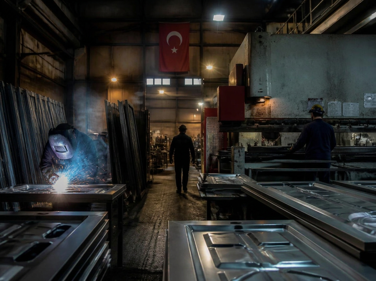 Atölyede çelik kapı imalatı ve kaynak işlemi
