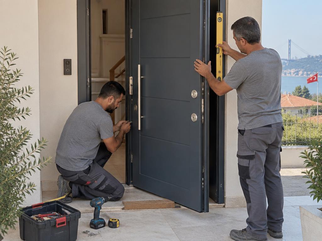 Ustalar yeni çelik kapıyı montaj yerine hizalıyor
